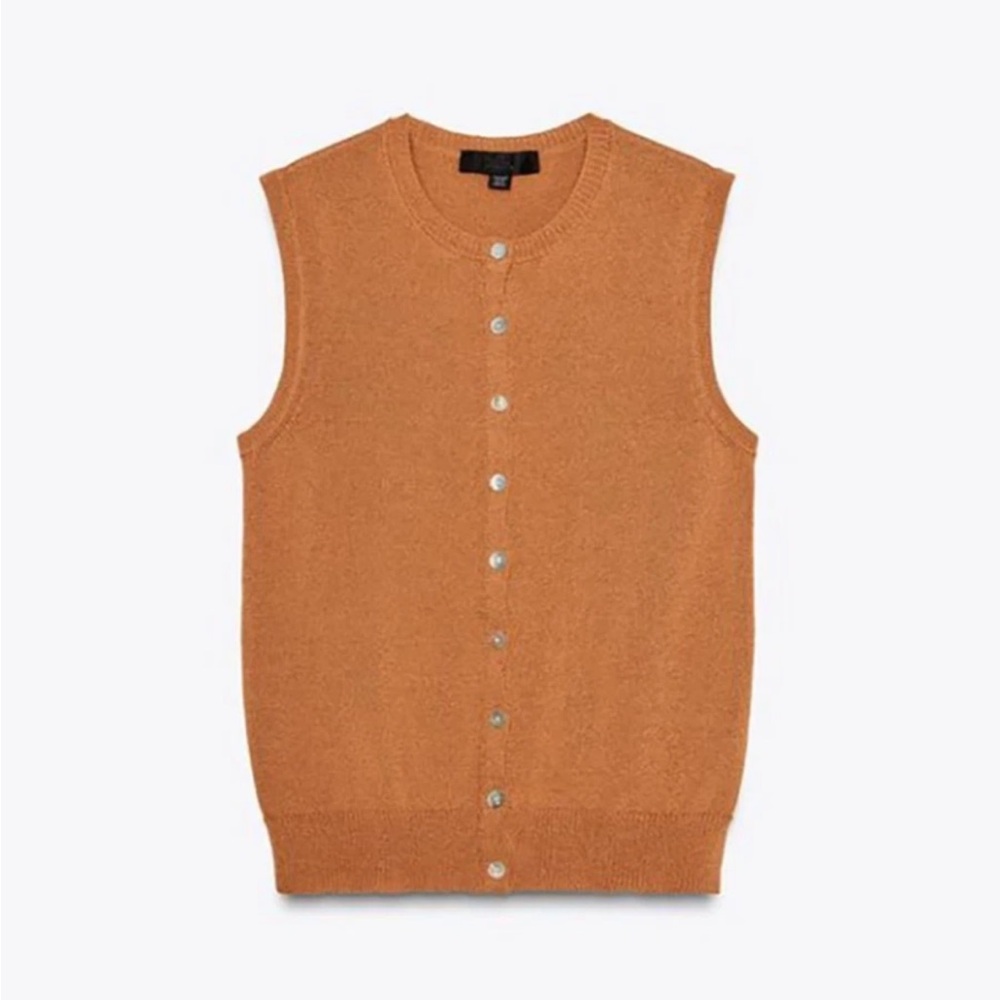 Zara NWT tan rust orange button front knit vest cardigan - Picture 2 of 9